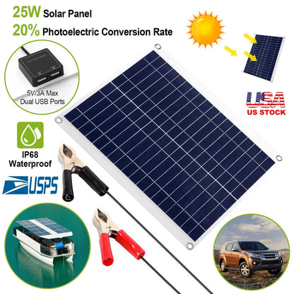 Outdoor Solar Panel 12V 25W Car Battery Charger IP68 Waterproof w/ 3.0A Dual USB Charging Clip Line For RV Car Boat