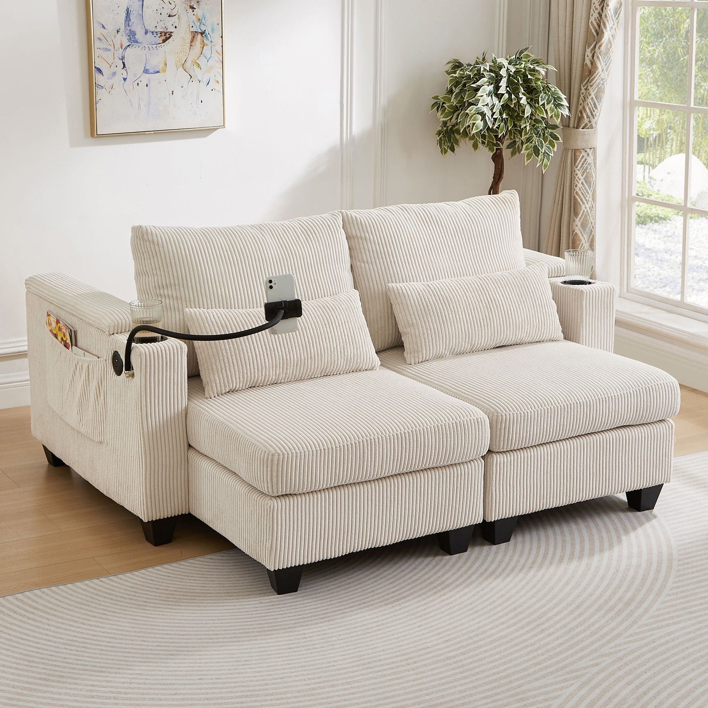 Convertible Chaise Lounge Sofa Chair With USB Ports, Cup Holders, Phone Holder And Storage