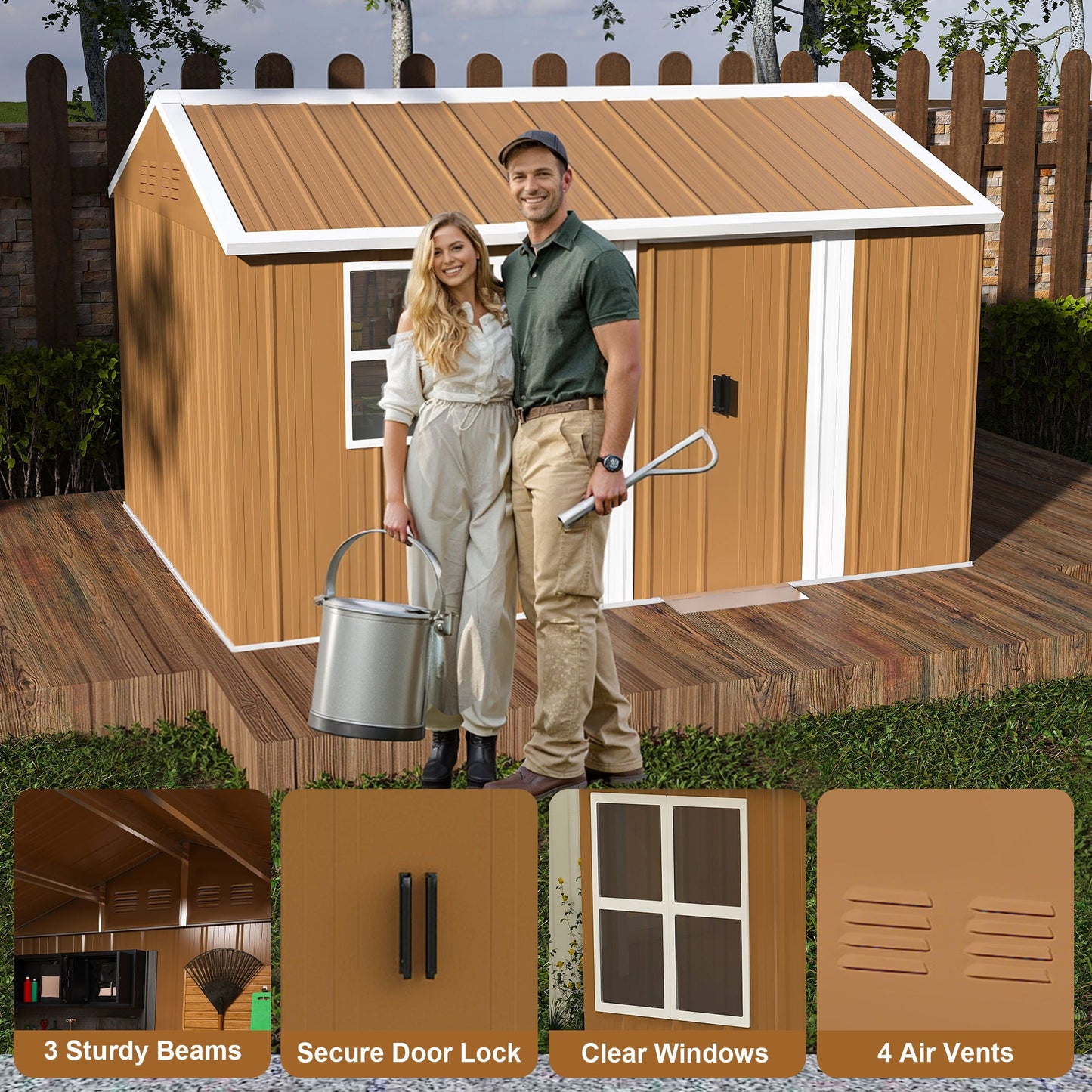 Storage Shed With Windows, Lockable Door & Ventilation For Backyard Tool Organization - Brown