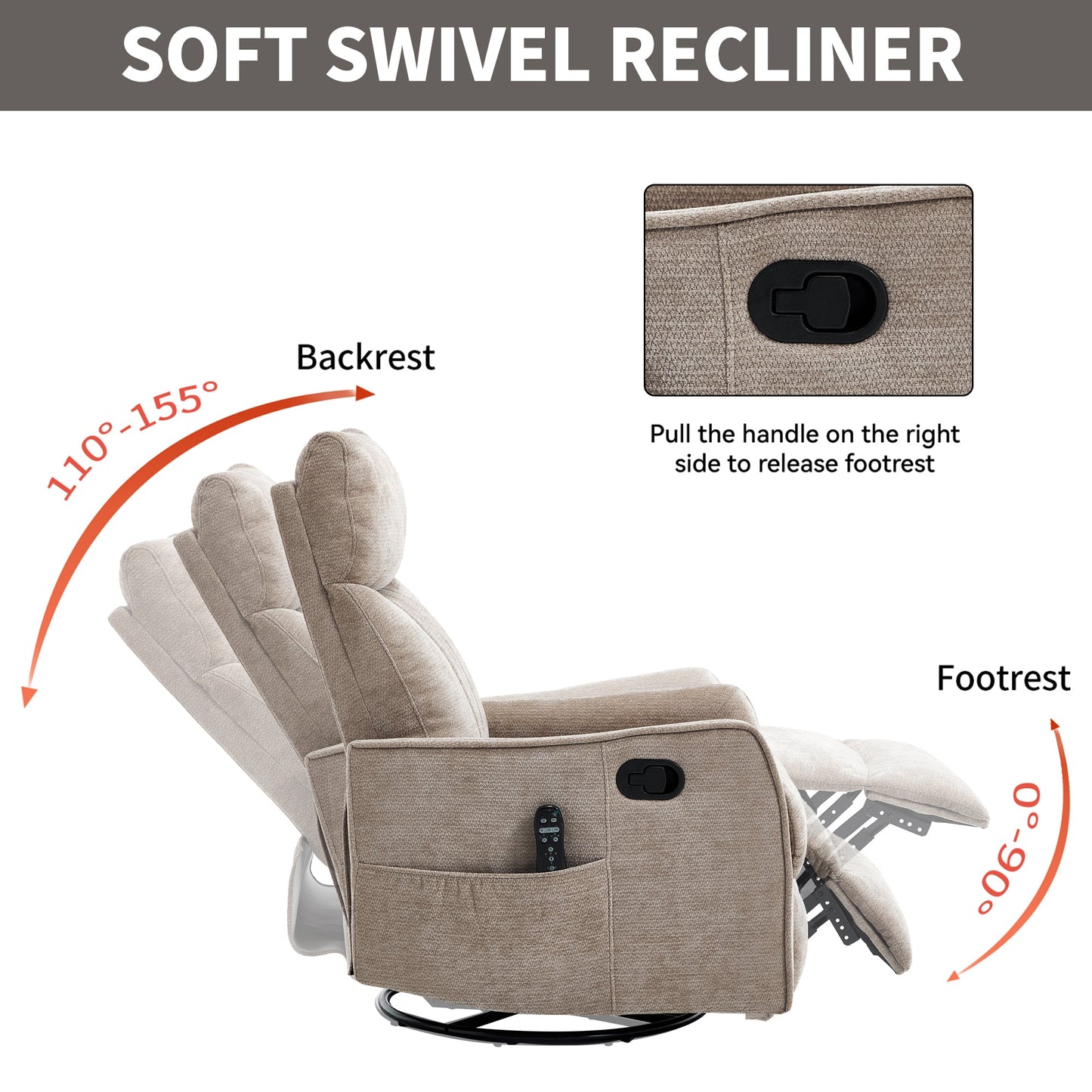 Khaki Heat Massage Manual Recliner Chair with Rocker and Swivel in Fabric for Living Room