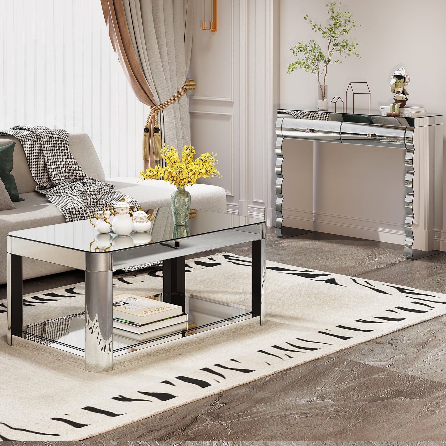 Baked Curved Mirror Coffee Table for Living Room