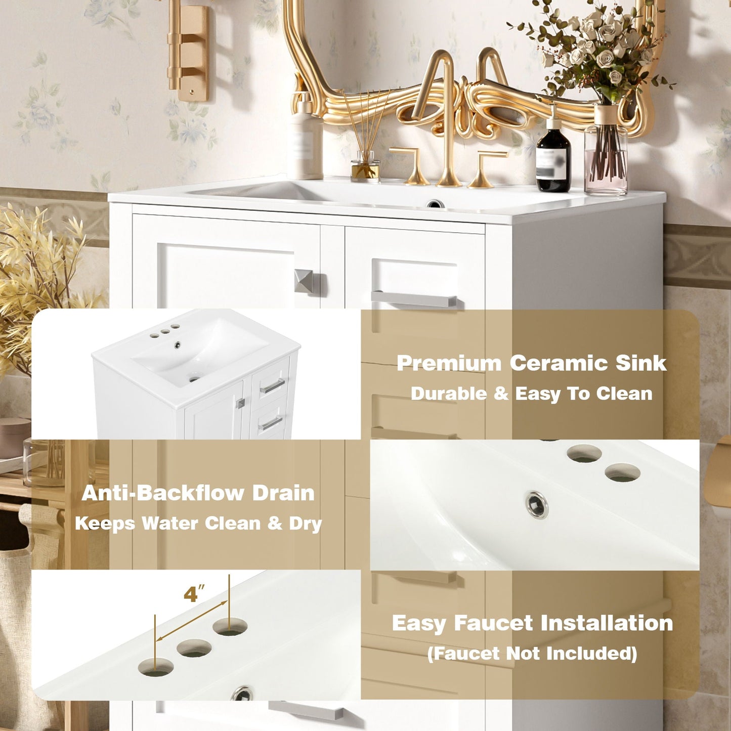 Bathroom Vanity, Modern Bathroom Cabinet With Sink Combo Set, Bathroom Storage Cabinet With A Soft Closing Door And 3 Drawers, Solid Wood Frame