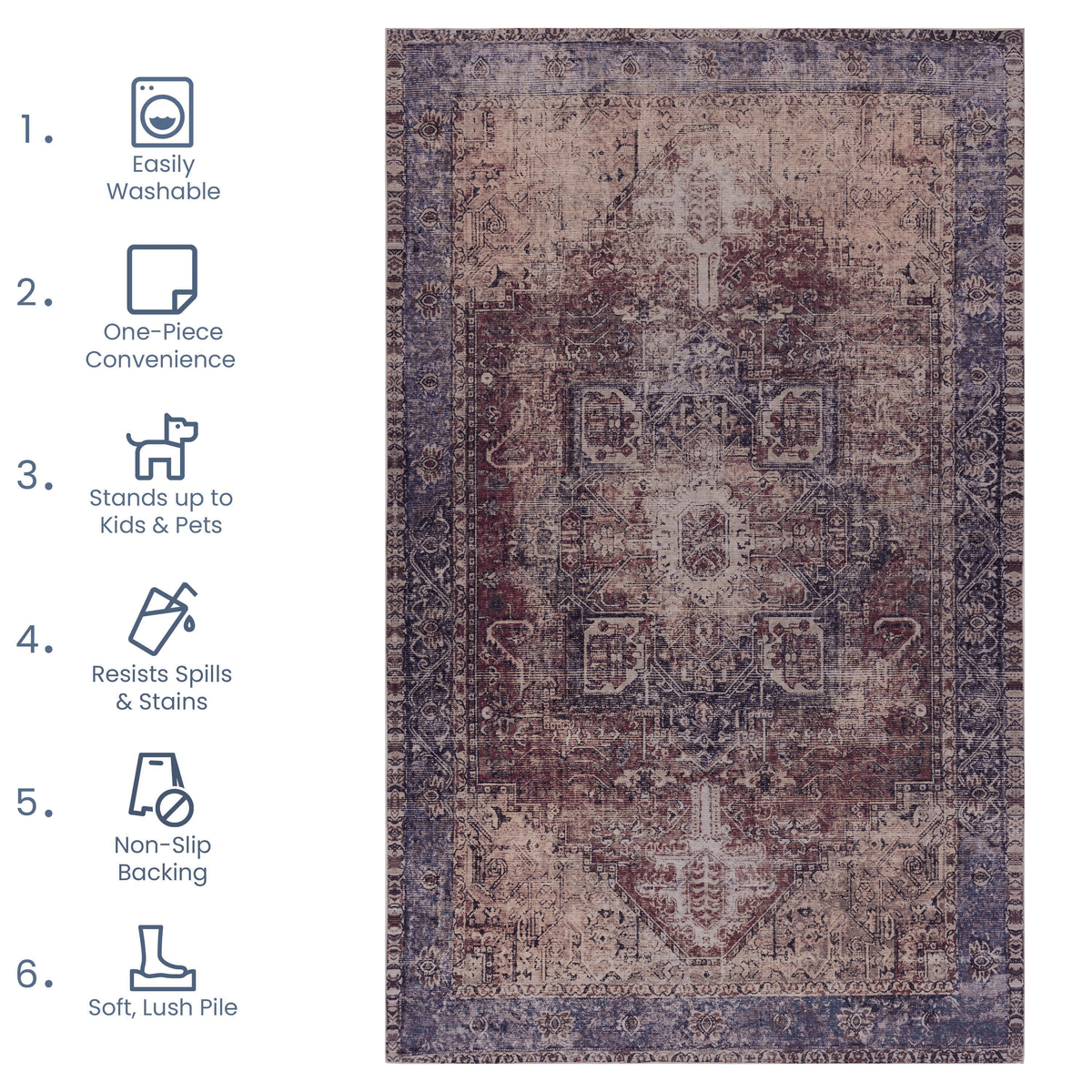 Maval Burgundy Washable Area Rug 3' x 5'
