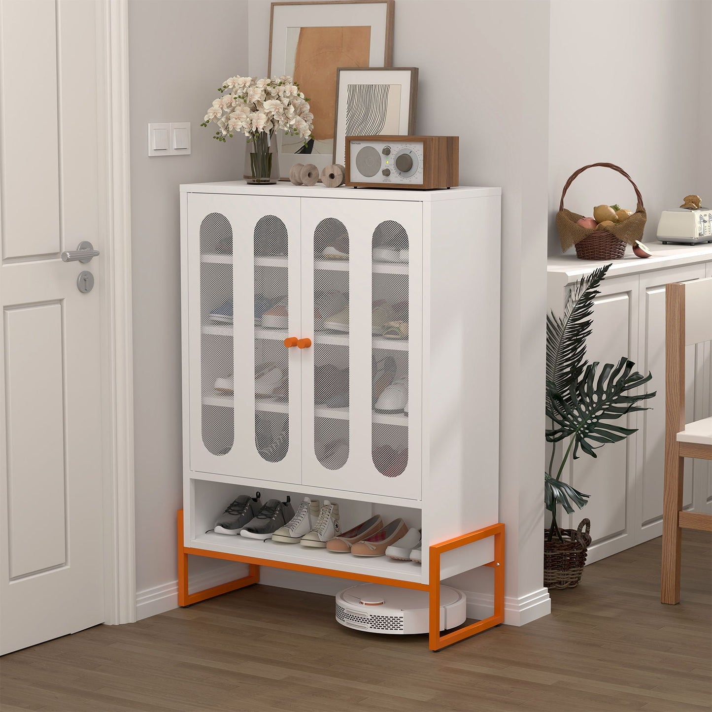 Modern Metal Shoe Cabinet With DoublebSided Doors And Adjustable Partitions