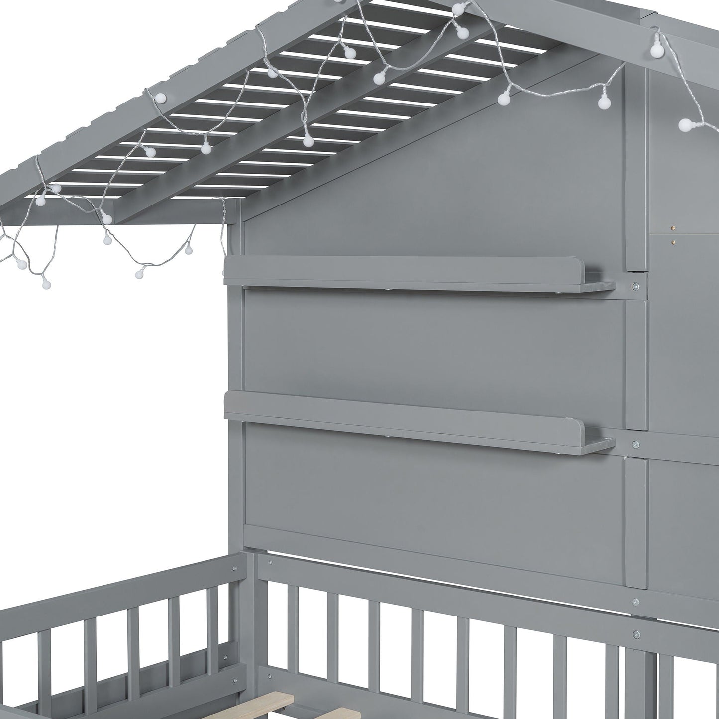 House Bed With Shelves, Window And Sparkling Light Strip On The Roof