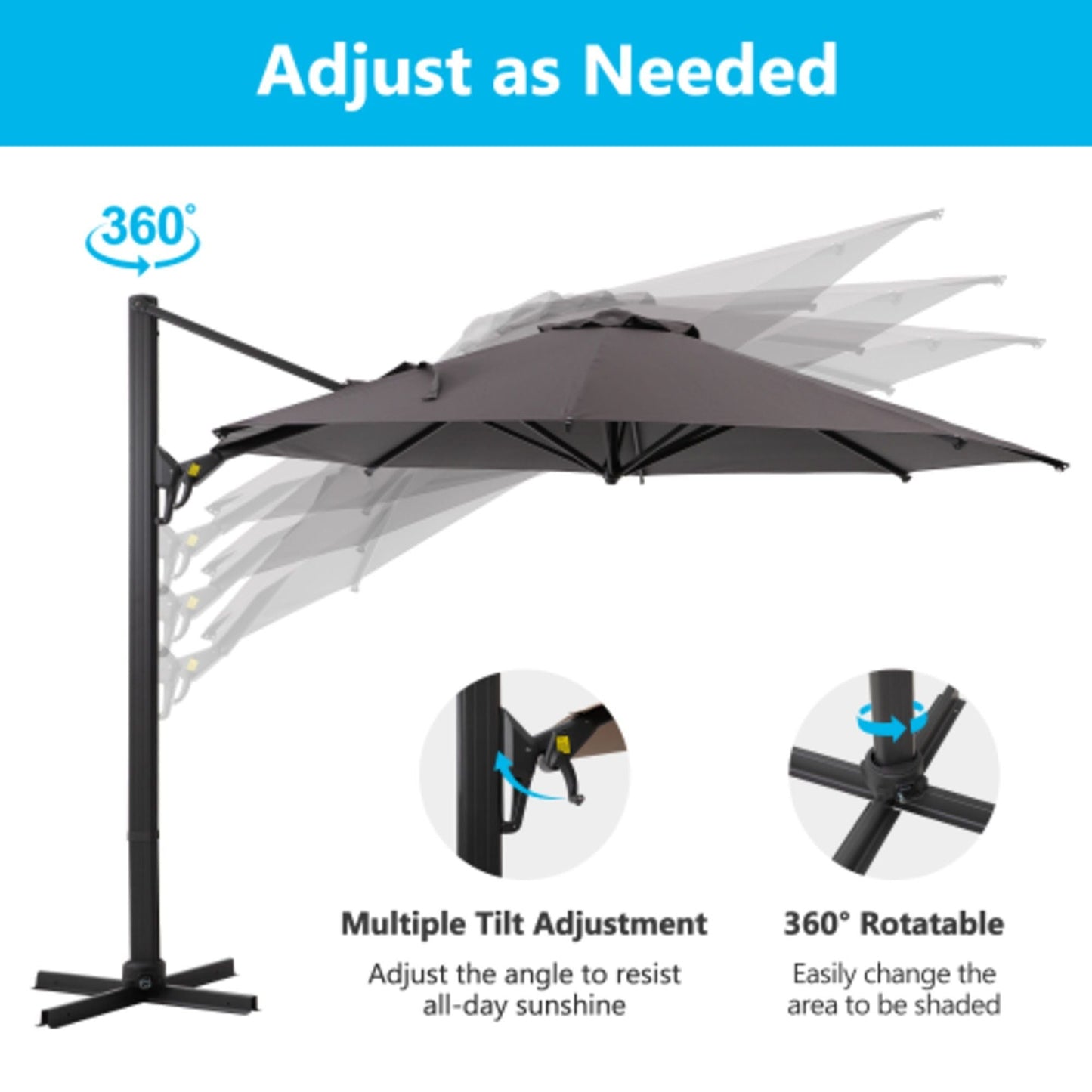 Round Cantilever Patio Umbrella With 360 Rotation & Infinite Tilt Adjustment