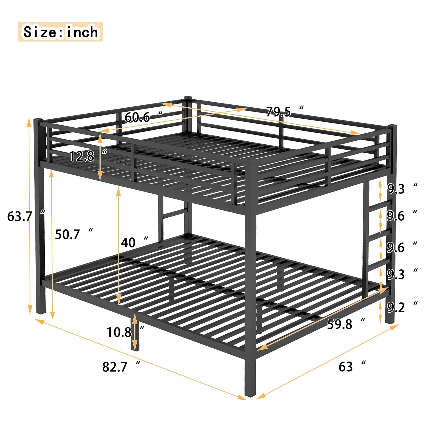 Metal Queen Over Queen Bunk Bed for Teens and Adults