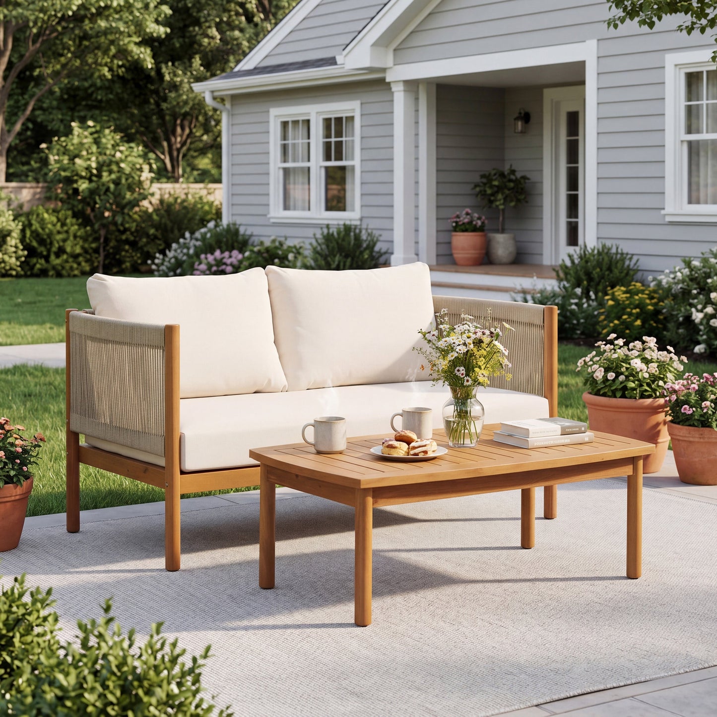 Outdoor Loveseat and Coffee Table Set with Acacia Wood Frame in Teak Look