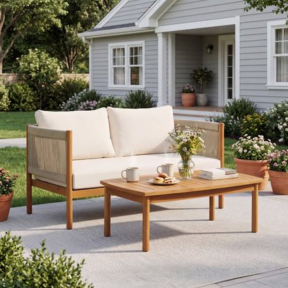 Outdoor Loveseat and Coffee Table Set with Acacia Wood Frame in Teak Look