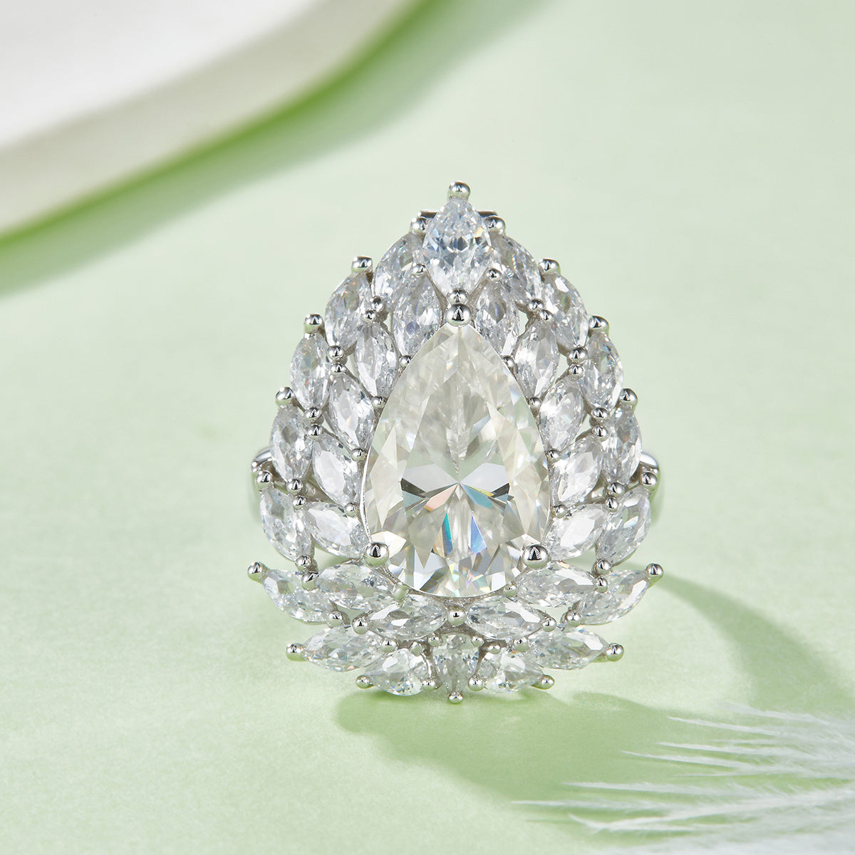 S925 Sterling Silver 4ct Pear Moissanite Ring, D-VVS1 Double Halo Setting, Platinum Plated 8.9g US Sizes 5-9, GRA Certified Gift Box