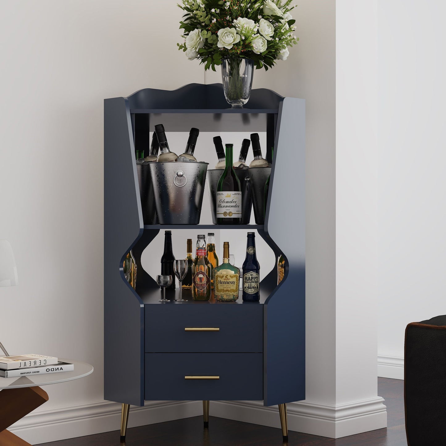Corner Bar Cabinet With Mirrored Back, 2 Open Shelves & 2 Drawers