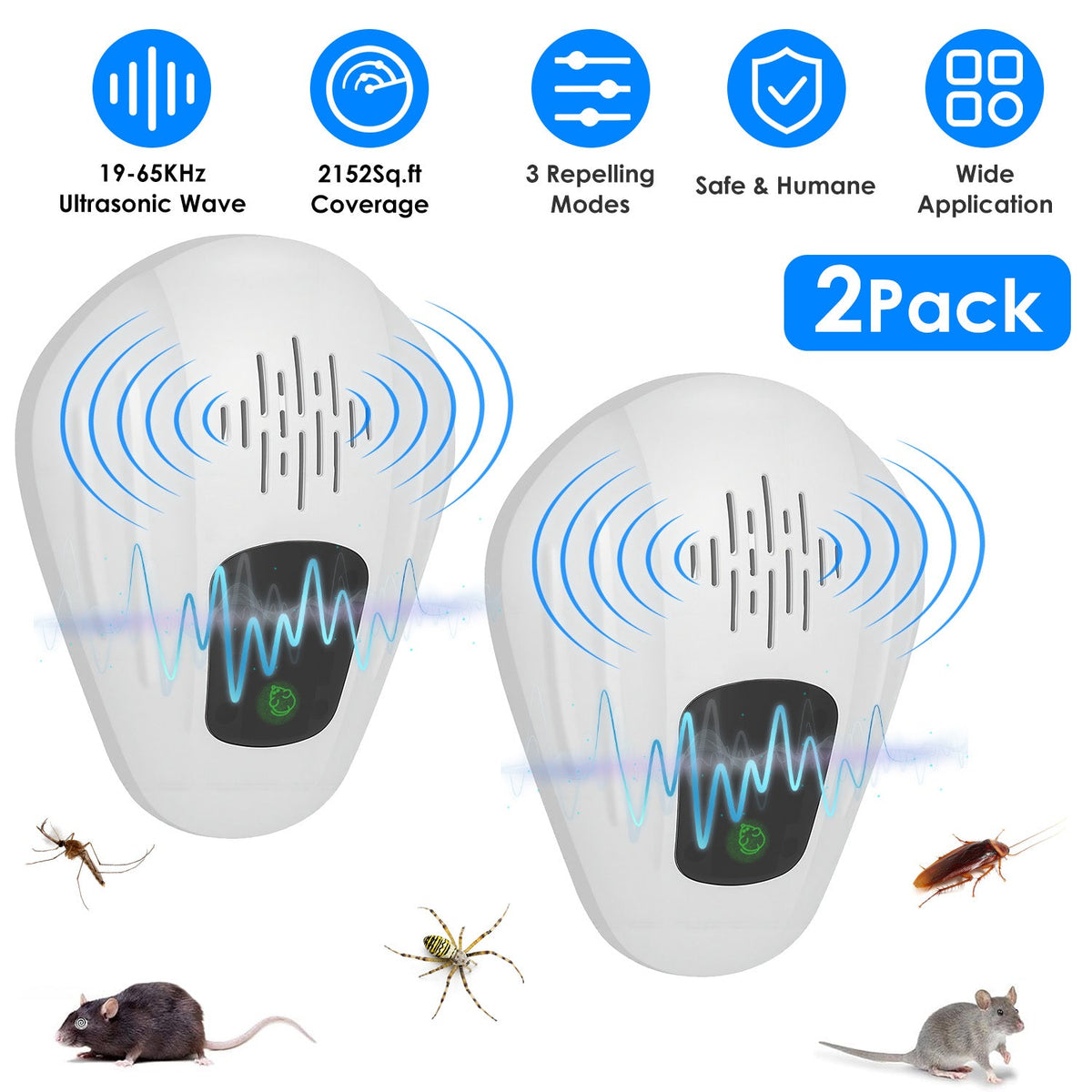 Ultrasonic Pest Repeller 2-Pack for Mosquitoes, Roaches & Rats