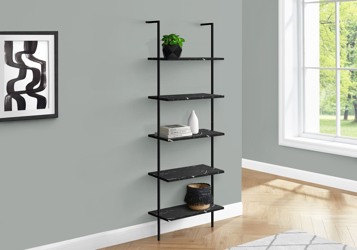 5-Tier Ladder Bookshelf with Marble Look for Office & Home
