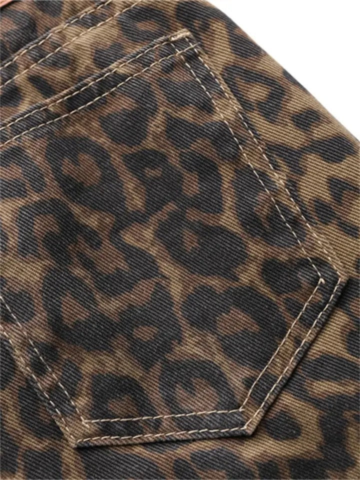 Vintage Leopard Print Jeans Straight Loose Men And Women