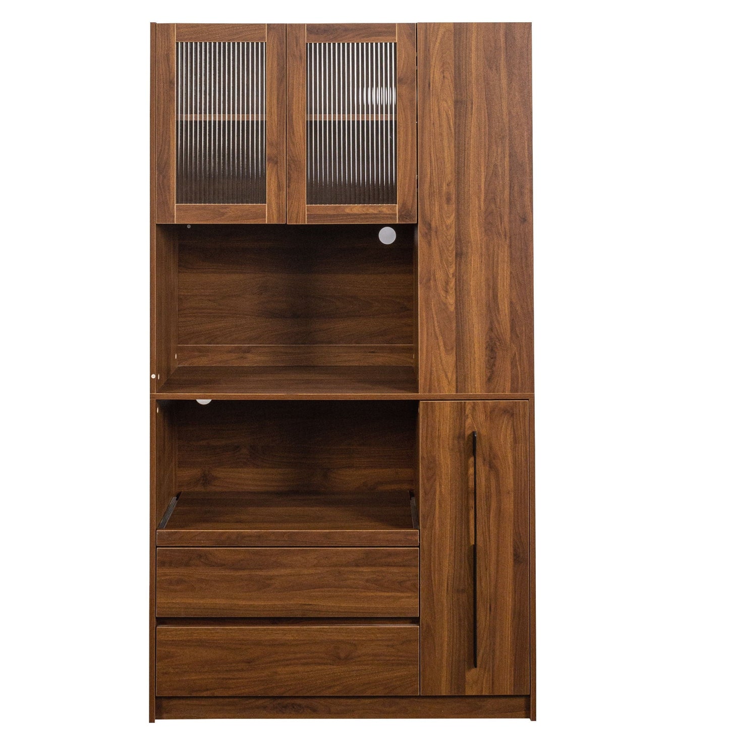 Tall Kitchen Pantry Cabinet With 4 Tier Side Shelf, 2 Drawers, Freestanding Food Hutch With Microwave Stand For Dining Room - Walnut
