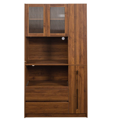 Tall Kitchen Pantry Cabinet With 4 Tier Side Shelf, 2 Drawers, Freestanding Food Hutch With Microwave Stand For Dining Room - Walnut