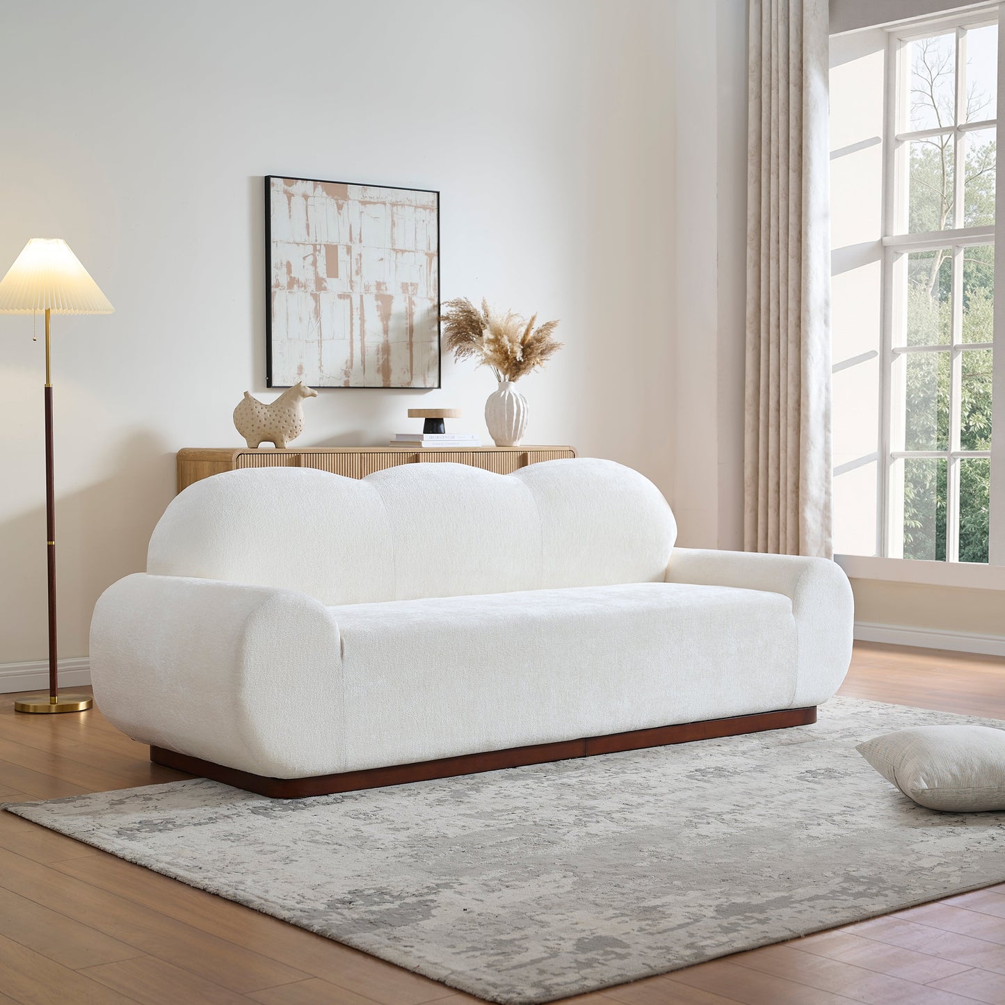 88 in. Round Arm Cloud Curved 3-Seater Modern Upholstered Chenille Sofa, Snow
