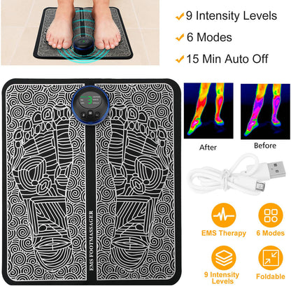 EMS Foot Massage Pad Electric Stimulator Massager Unit Rechargeable Leg Reshaping Muscle Pain Relax Massage Mat w/ 6 Modes 9 Intensity Levels