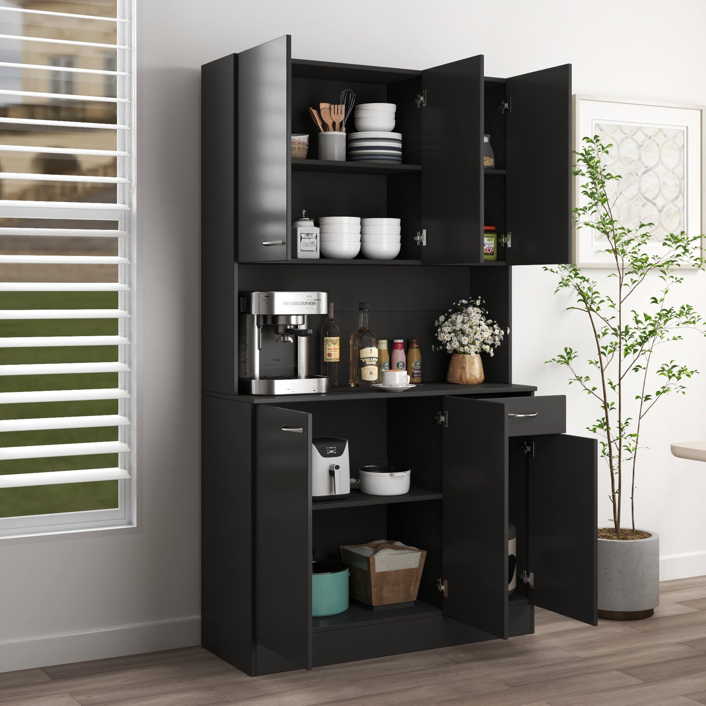 70.87" Tall Wardrobe & Kitchen Cabinet with 6 Doors, Drawer, and Open Shelf