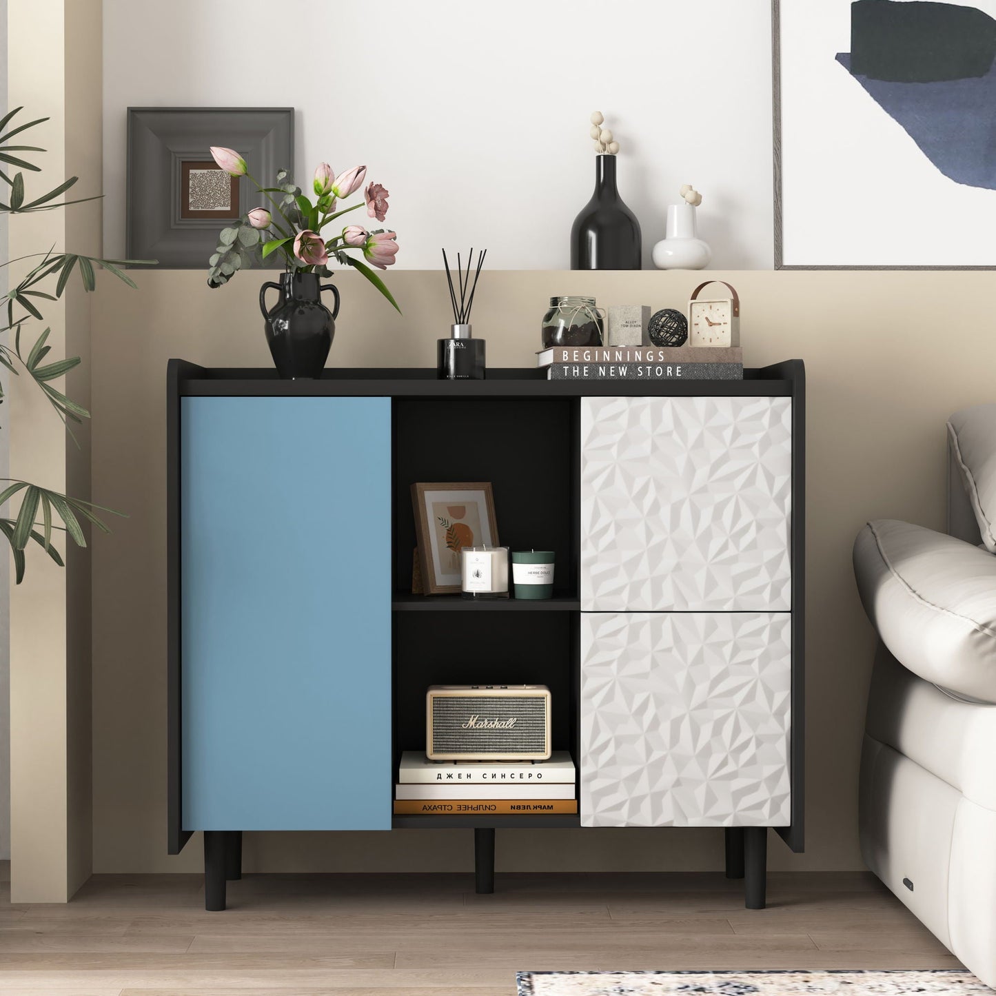 Modern Sideboard Buffet Cabinet With Doors And Unique Panel Styling