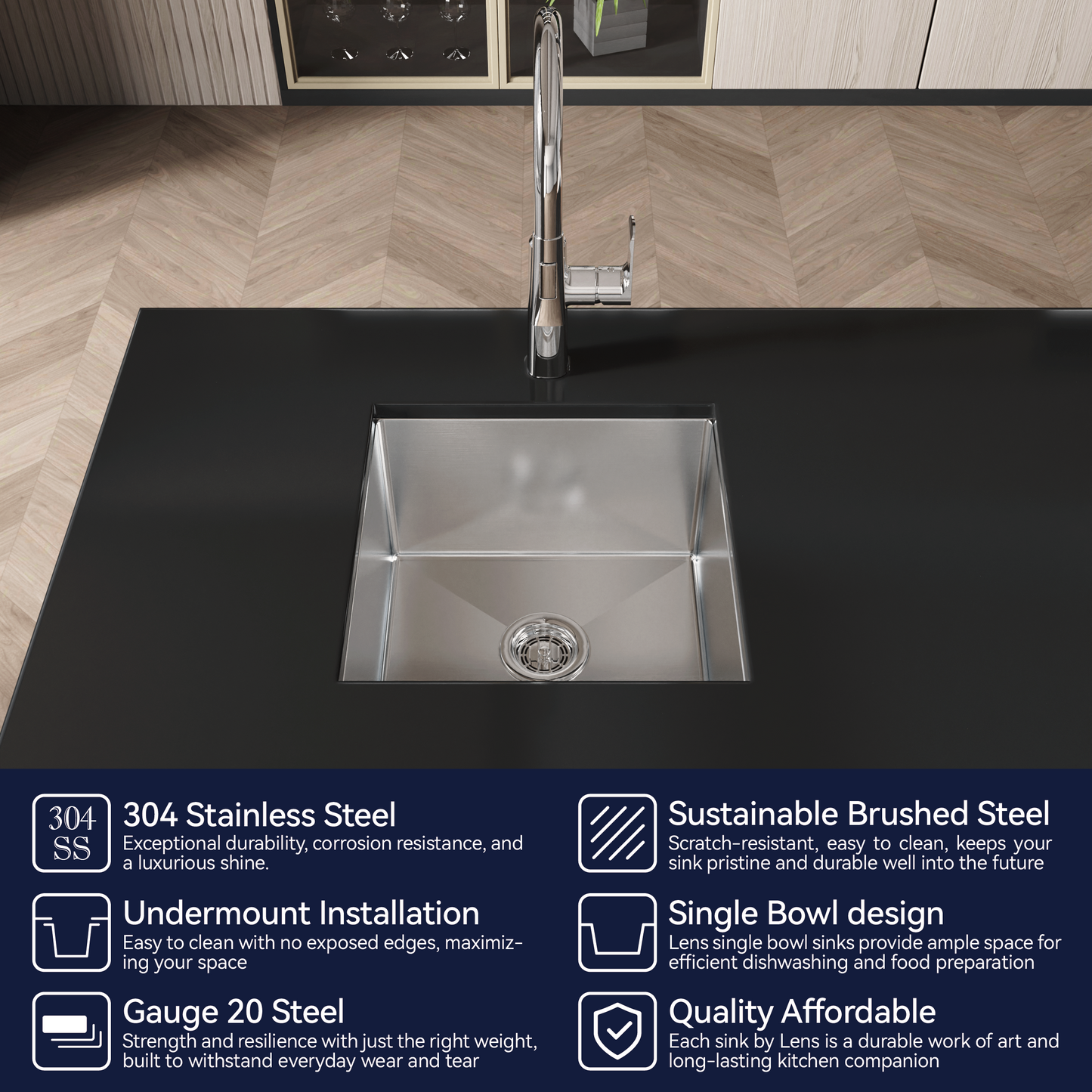 Stainless Steel Kitchen Sink, 18"x18" Single Bowl Undermount