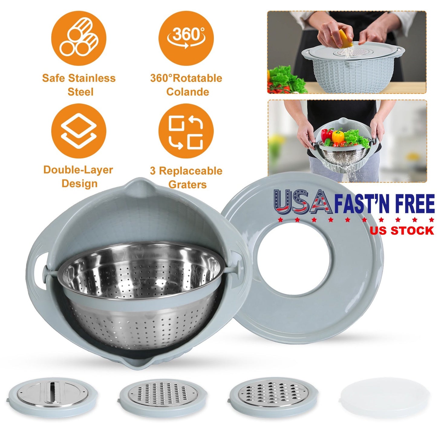Multifunctional Mixing Bowl with Lid Set 3 Replaceable Graters Food Strainer and Colander Fruit Vegetable Washing Basket Stainless Steel