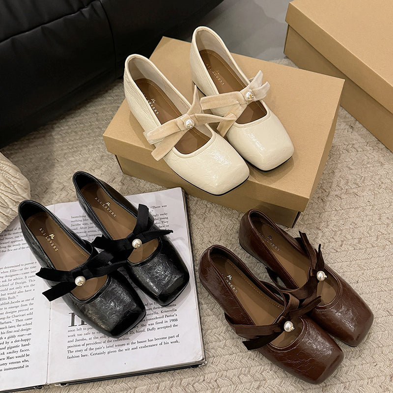 Korean Version Of Pearl Bow Single Shoes Women's Shoes 2026 Spring New Item With Increased Height Ballet Shoes French Mary Jane Shoes