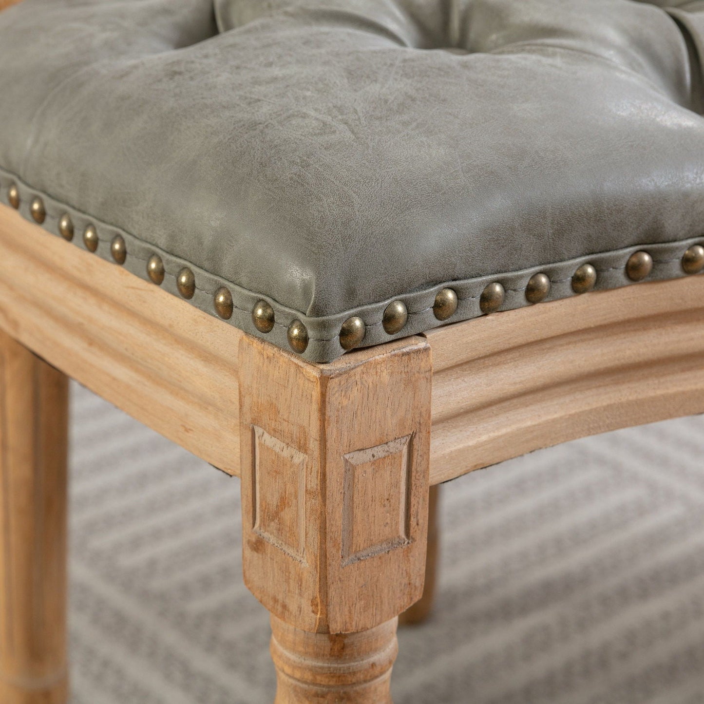 French Style Solid Wood Frame Antique Painting, Hand-Pulled Buckle Decoration Artificial Dining Chair With Nailhead Trim, Wood Legs