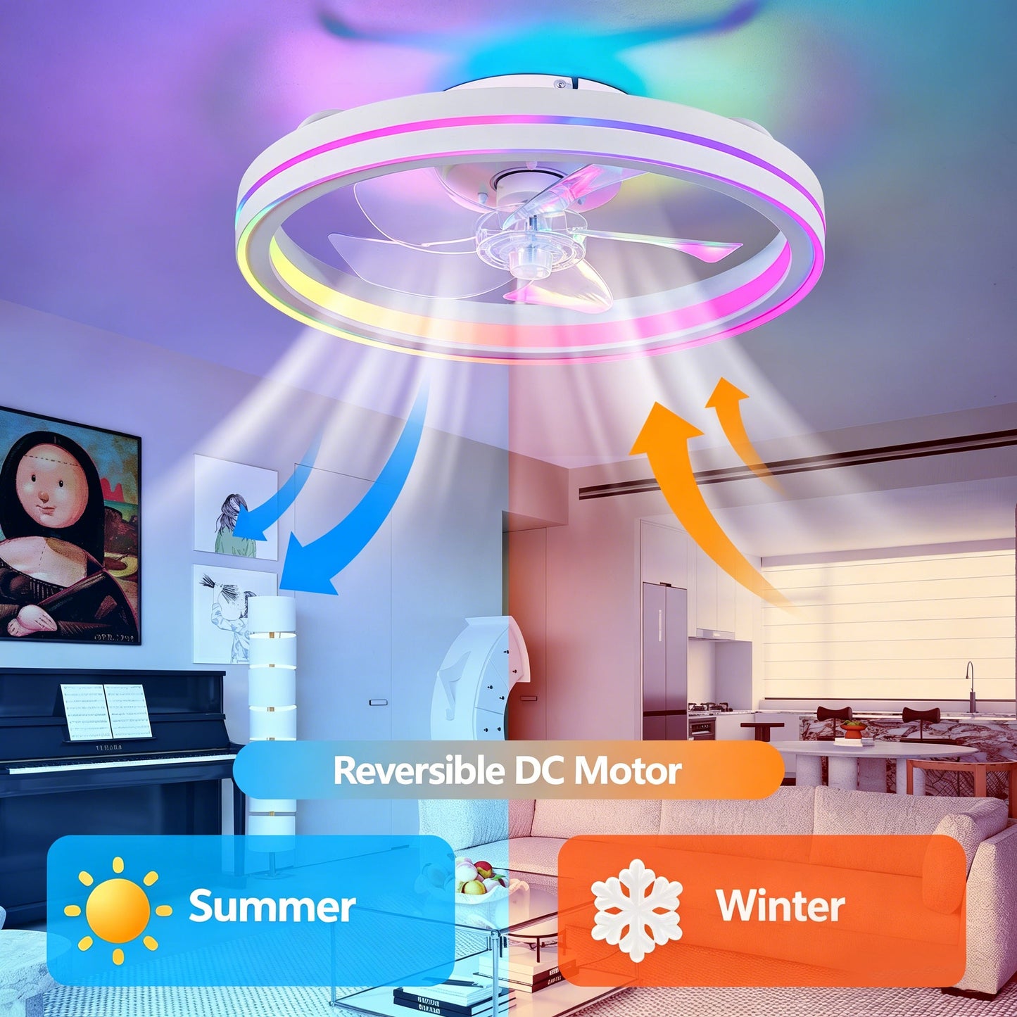 RGB Ceiling Fan with Lights, 19'' Smart LED Bladeless Chandelier Fan