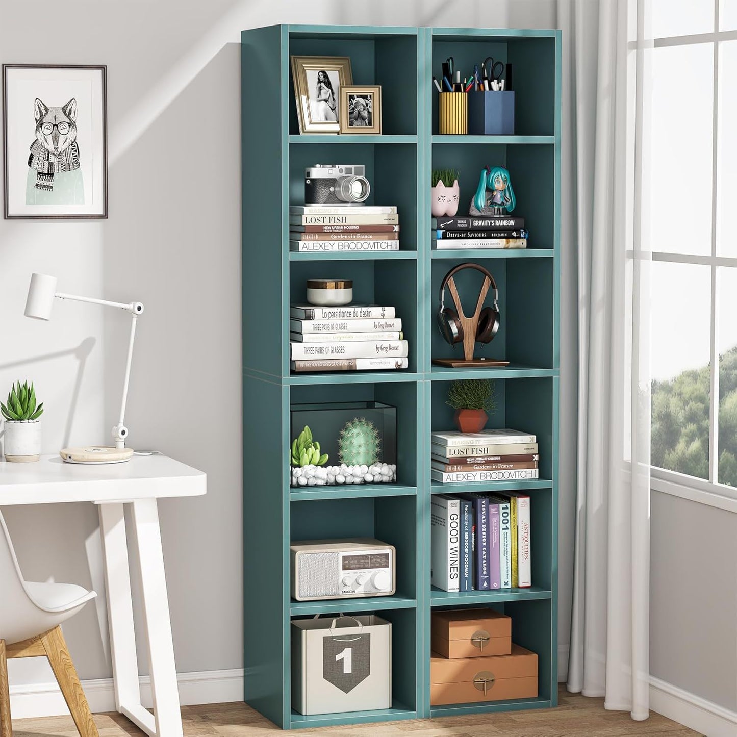 6 Tier Narrow Corner Cube Bookcase Storage, Freestanding Shelf With Open Cubes For Living Room