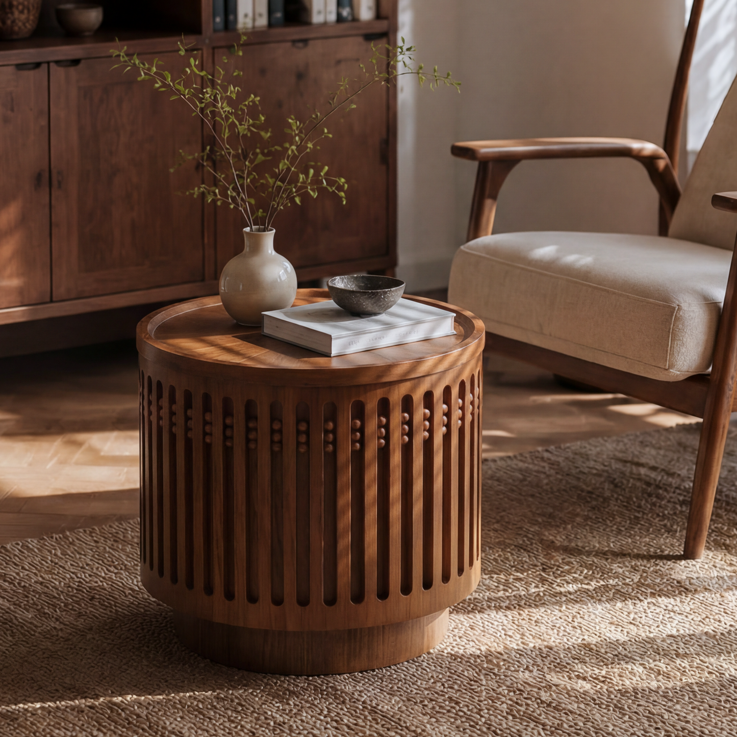 18.9" Round Wooden Side Table with Cylinder Lattice Design