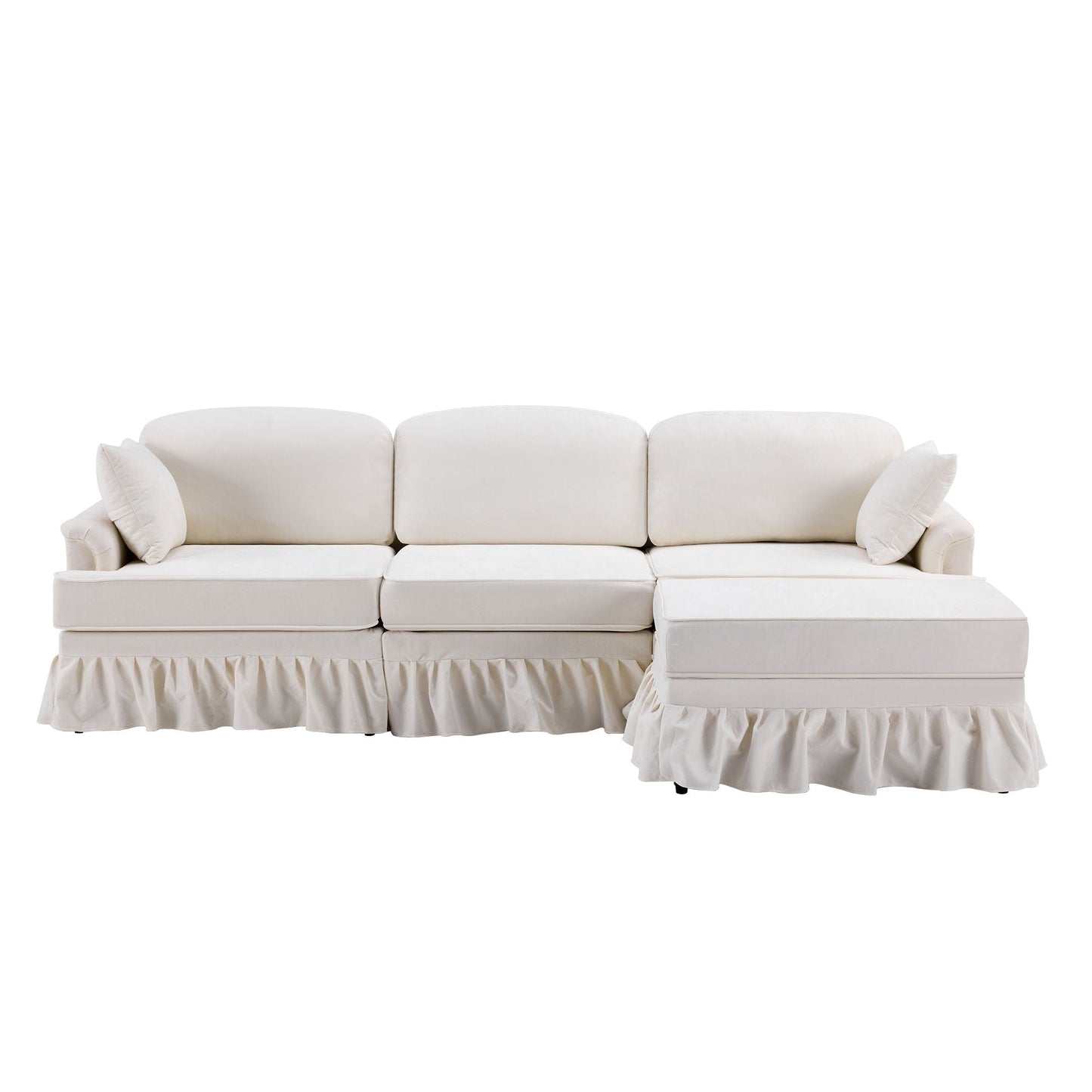 L-Shaped Sectional Sofa With Removable Ruffled Skirt, Flared Arms, Ottoman - White