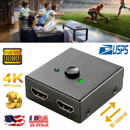 HD IN & HD OUT Bi-directional Switch Adapter 1x2 or 2x1 4K HDTV Splitter Converter Hub Manual Switcher Supports HD 3D 1080P for DVD HDTV Projector Dis
