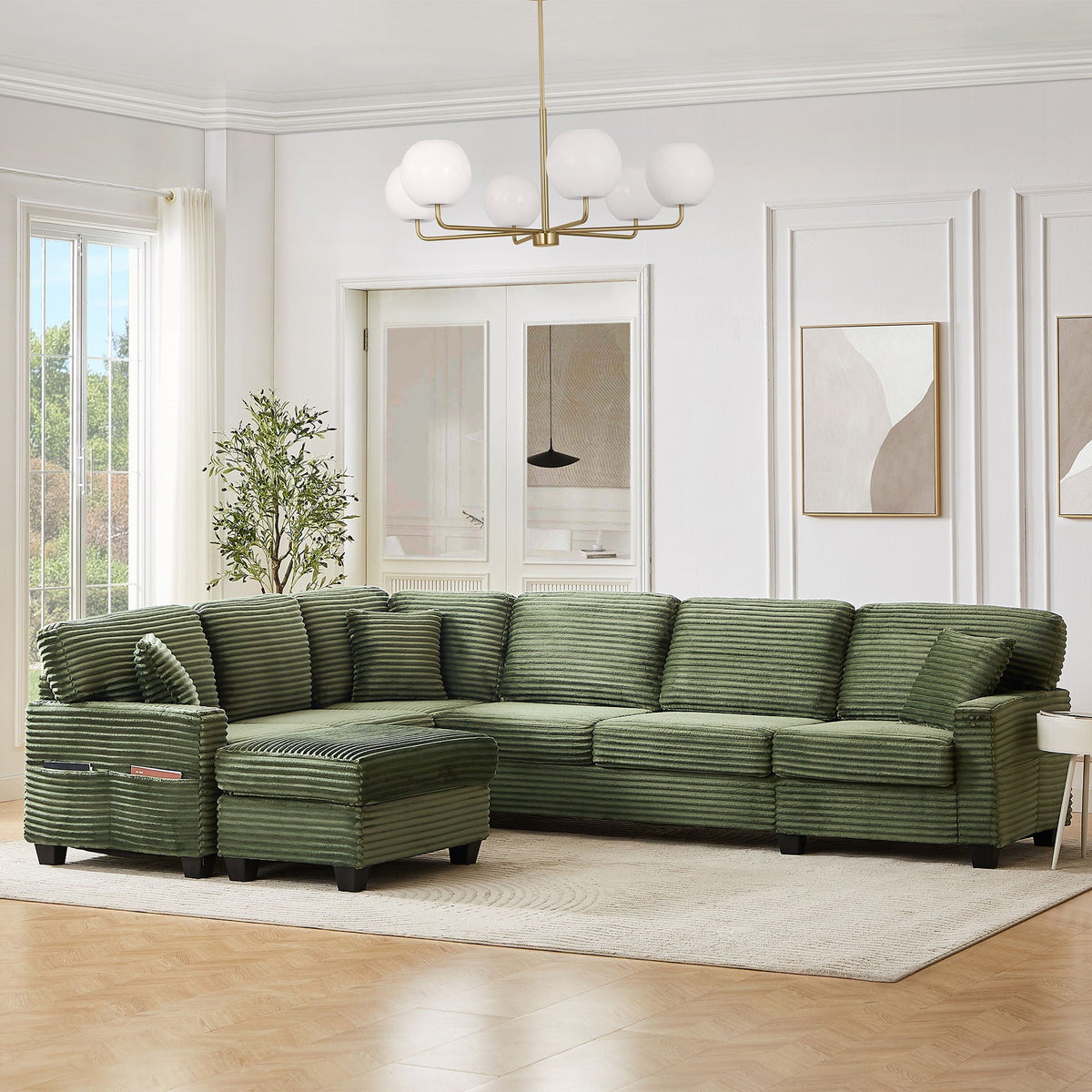 Upholstered U-Shaped Sectional Sofa With Movable Ottoman And Side Storage Pockets