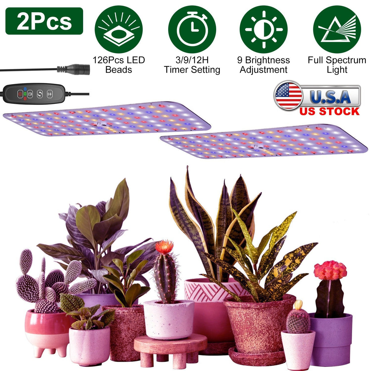 2Pcs Ultra-Thin LED Grow Lights for Indoor Plants with 126Pcs LEDs Full Spectrum Under Cabinet Plant Growing Light Panel 3/9/12H Timer 9 Dimmable Leve