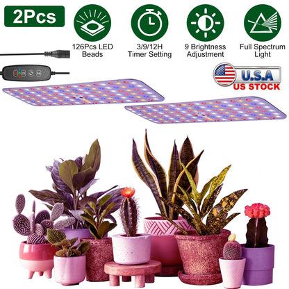 2Pcs Ultra-Thin LED Grow Lights for Indoor Plants with 126Pcs LEDs Full Spectrum Under Cabinet Plant Growing Light Panel 3/9/12H Timer 9 Dimmable Leve