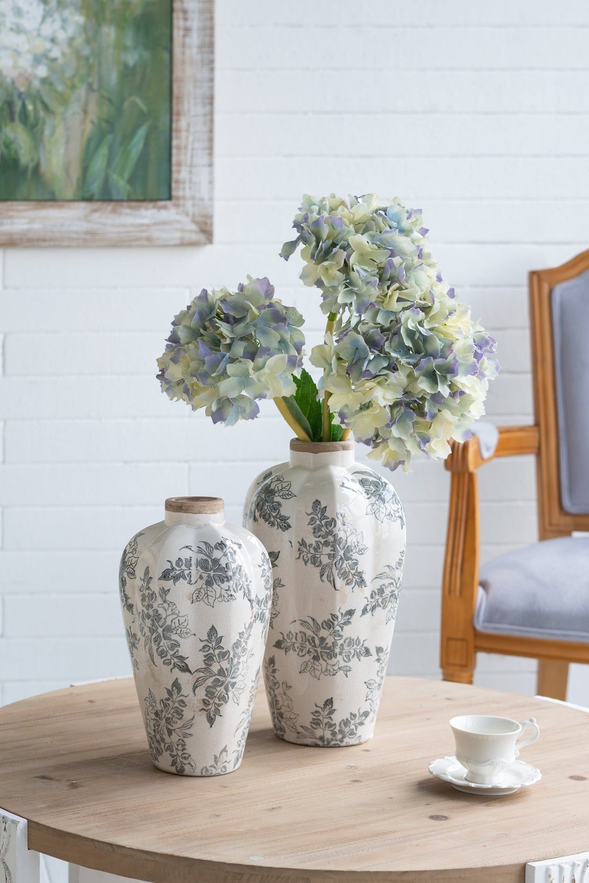 8.1x8.1x13.6' White Ceramic Accent Vase with Gray Floral Design