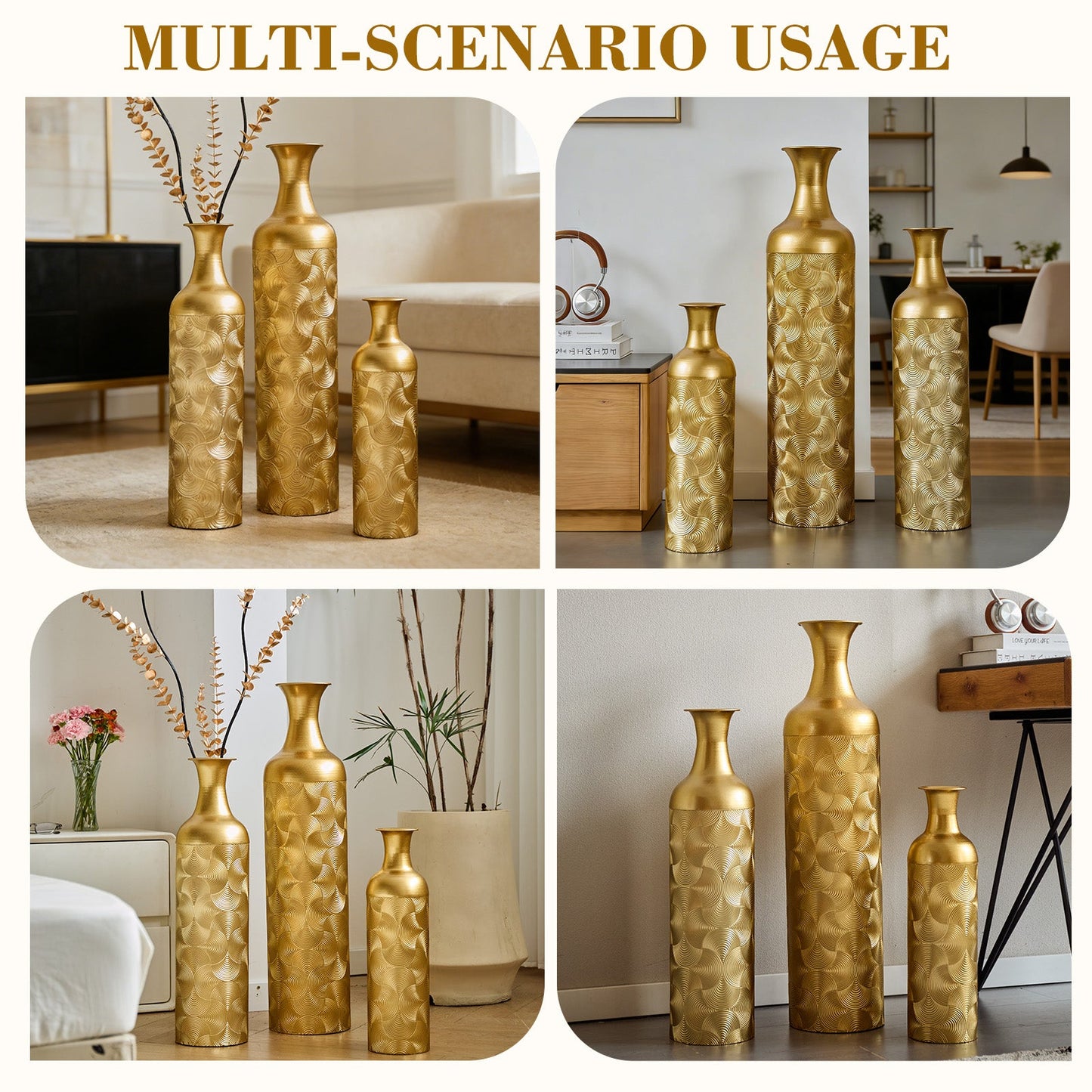 3 Pack Semi-Handcrafted Gold Metal Vase Collection