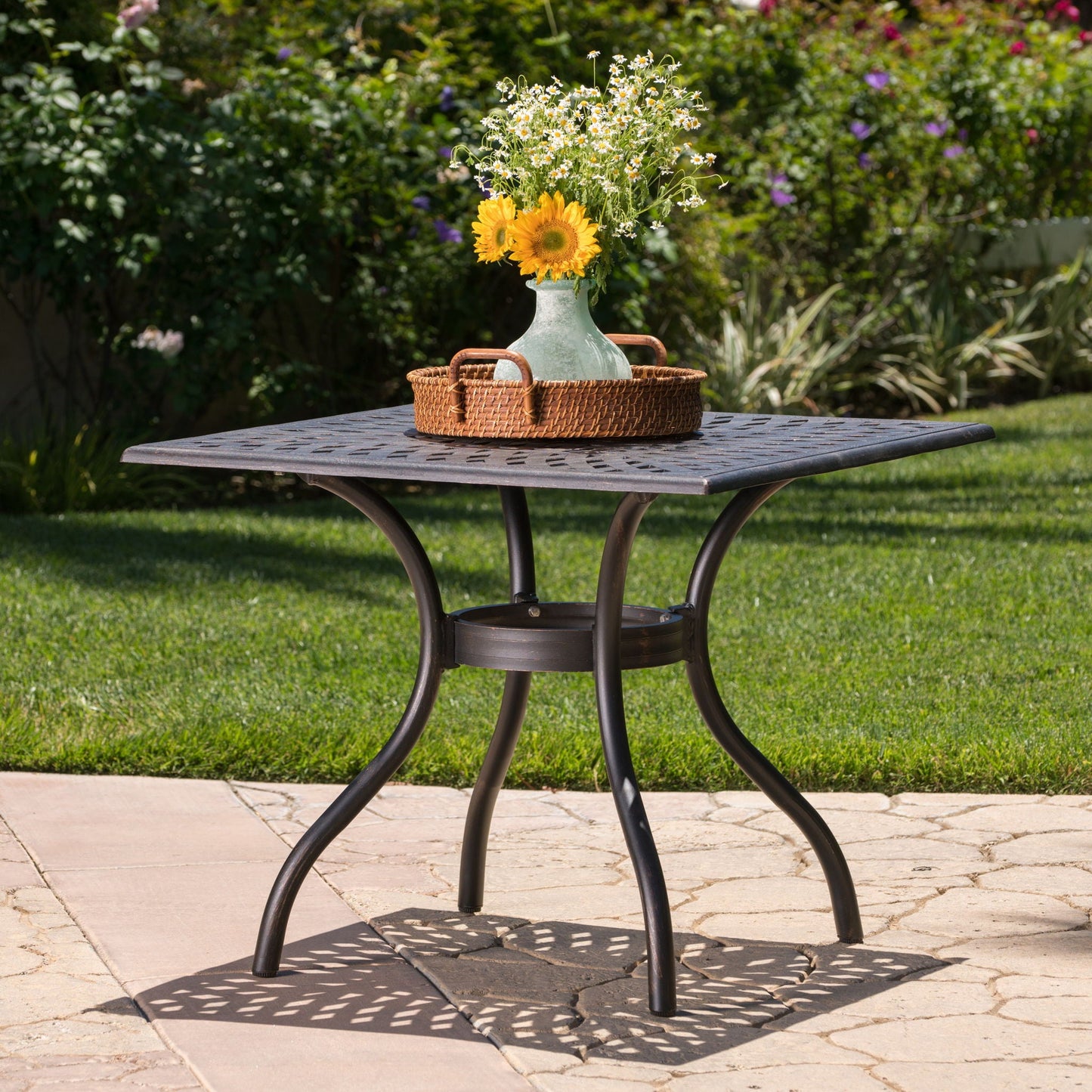 Enchantia Outdoor Square Dining Table with Weave Tabletop and Flared Legs - Copper
