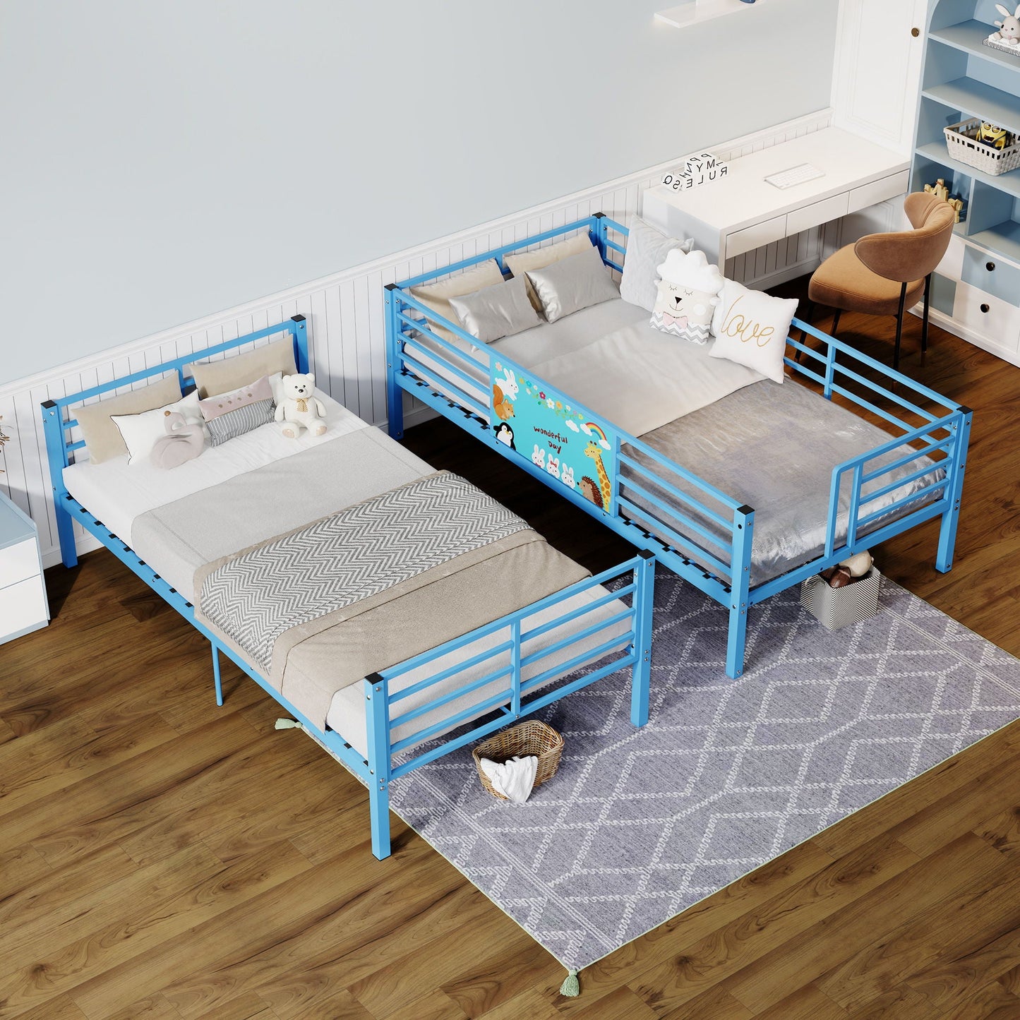Bunk Bed, Convertible To 2 Separate Twin Size Beds With Full Length Guardrail & Ladder, No Box Spring Needed - Blue