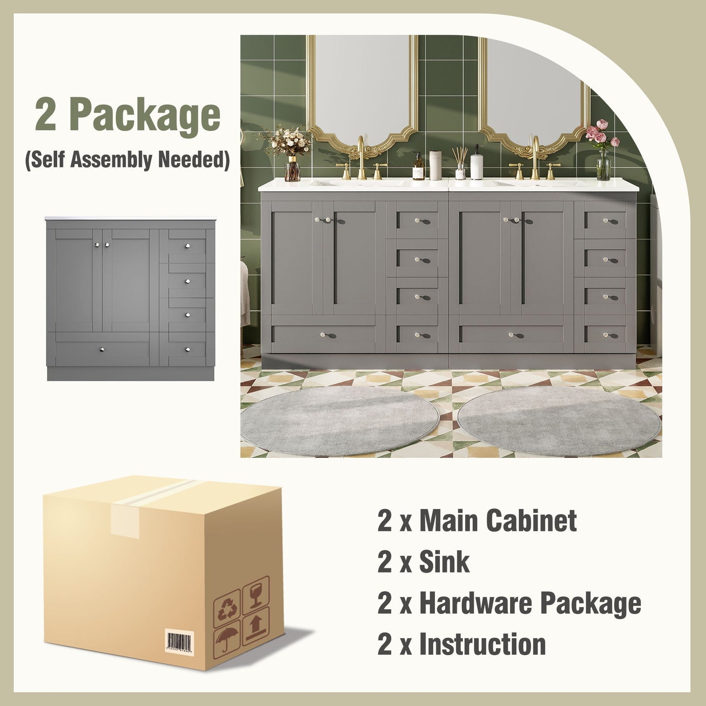 Shaker Free Standing Bathroom Vanity Cabinet & Sink, Soft Close Drawers, Soft Close Doors