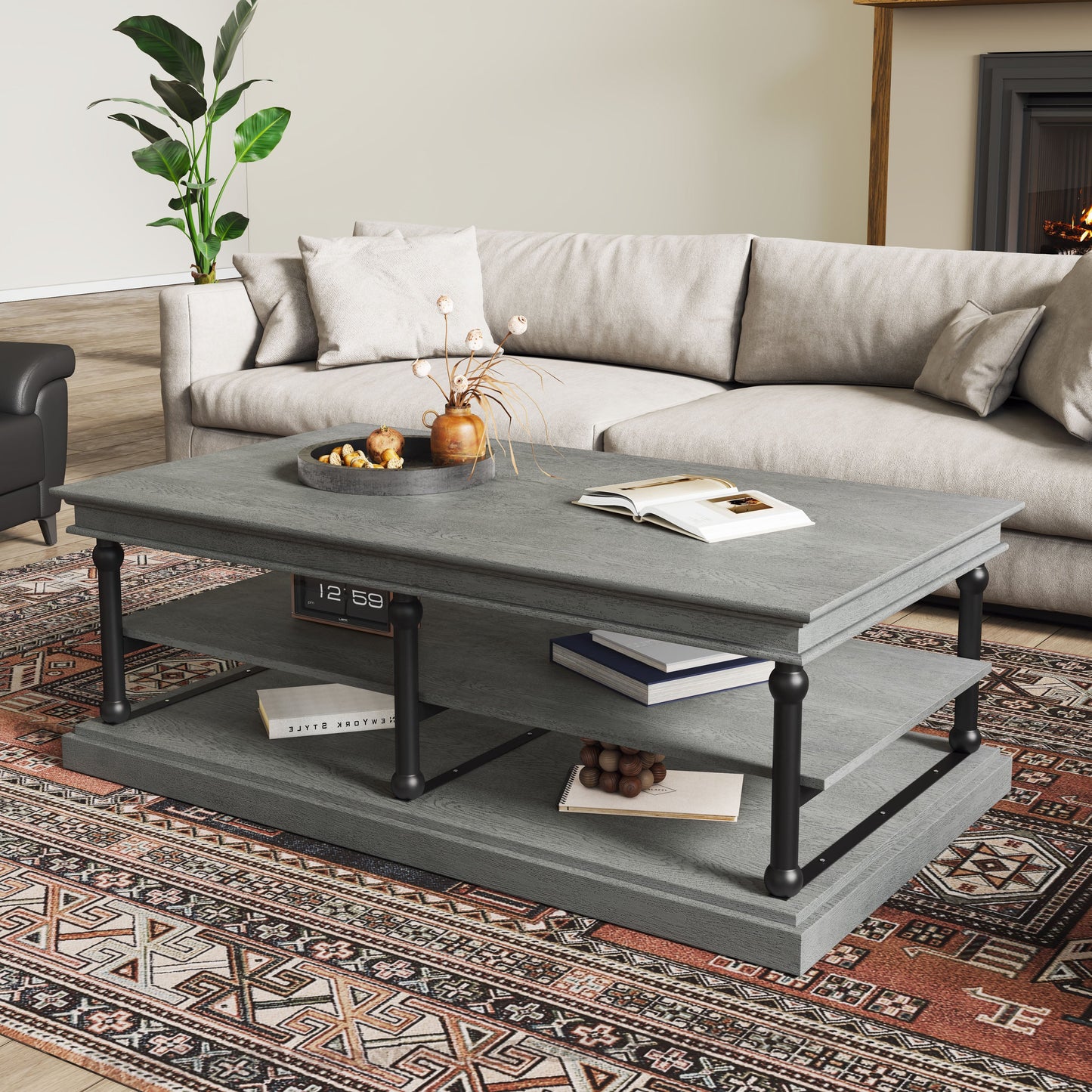55.1" Wood Coffee Table with Storage Shelves