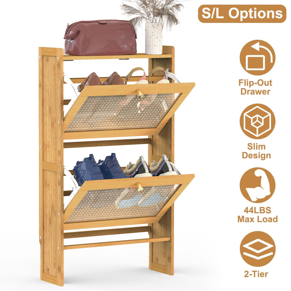 2-Tier Shoe CabinetÊwith 2 Flip Drawers Slim Bamboo Shoe Rack Freestanding Narrow Shoe Organizer with 44lbs Max Load for Entryway Hallway