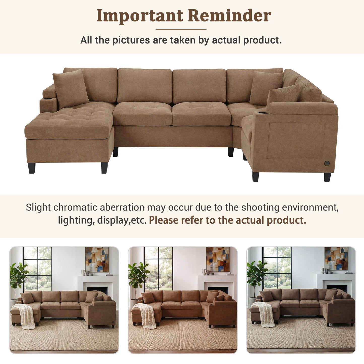 U Shaped Sectional Sofa, Corner Living Room Couch With Built In Cup Holders, Storage, USB Ports