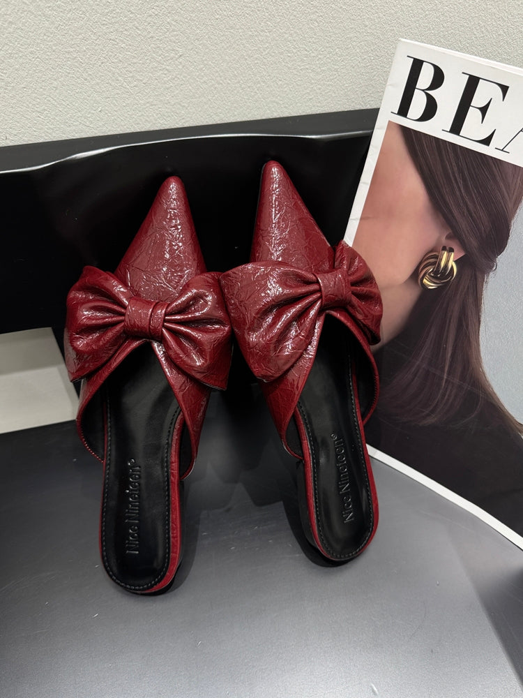 Women New Spring Summer Pointed Toe Bow V-Cut Mules, Elegant Flat Closed Toe Slide Sandals For Outdoor Wear