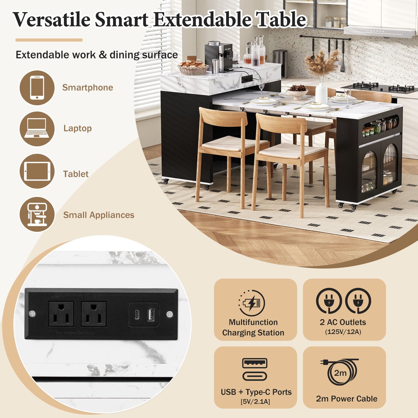 Extendable Dining Table With Folding Top, Rolling Kitchen Island With Drawers And Power Outlet
