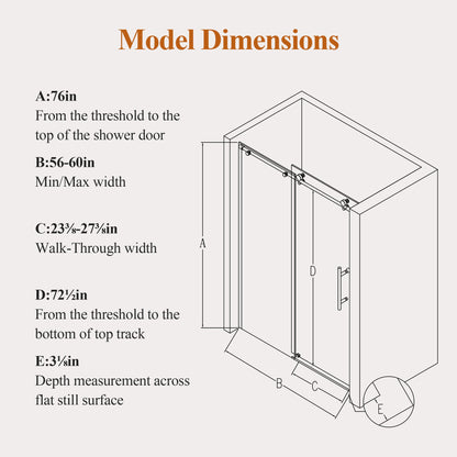 56-60" W x 76" H Stainless Steel Frameless Sliding Shower Door