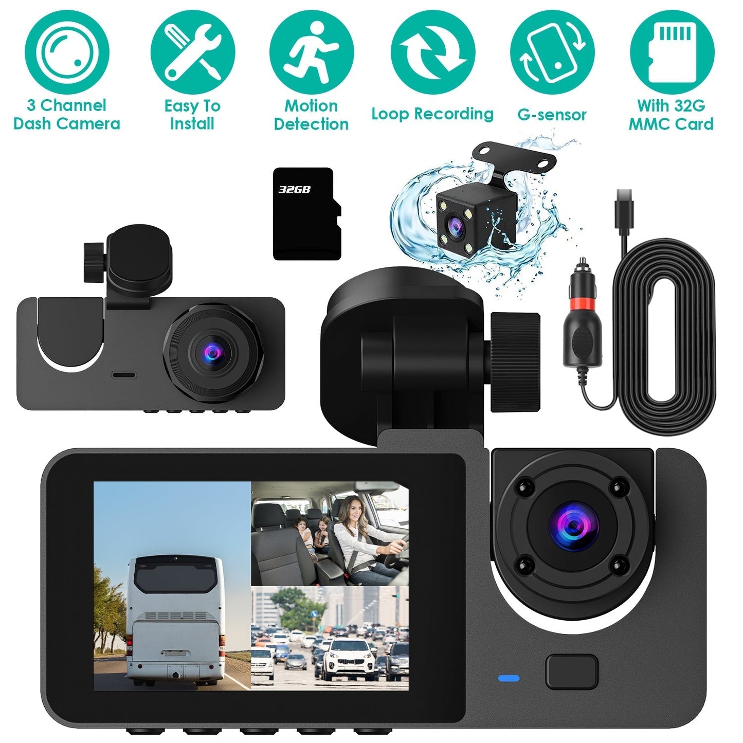 3 Channel Dash Cam Front Inside Rear Vehicle Driving Recorder Car DVR with 32G MMC Card G Sensor Motion Detection Parking Monitor Loop Recording