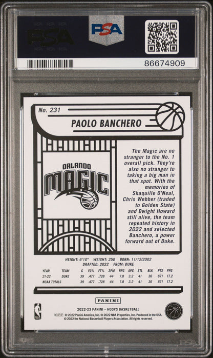 Graded 2022 Panini NBA Hoops Paolo Banchero #231 Rookie RC Basketball Card PSA 8 Near Mint