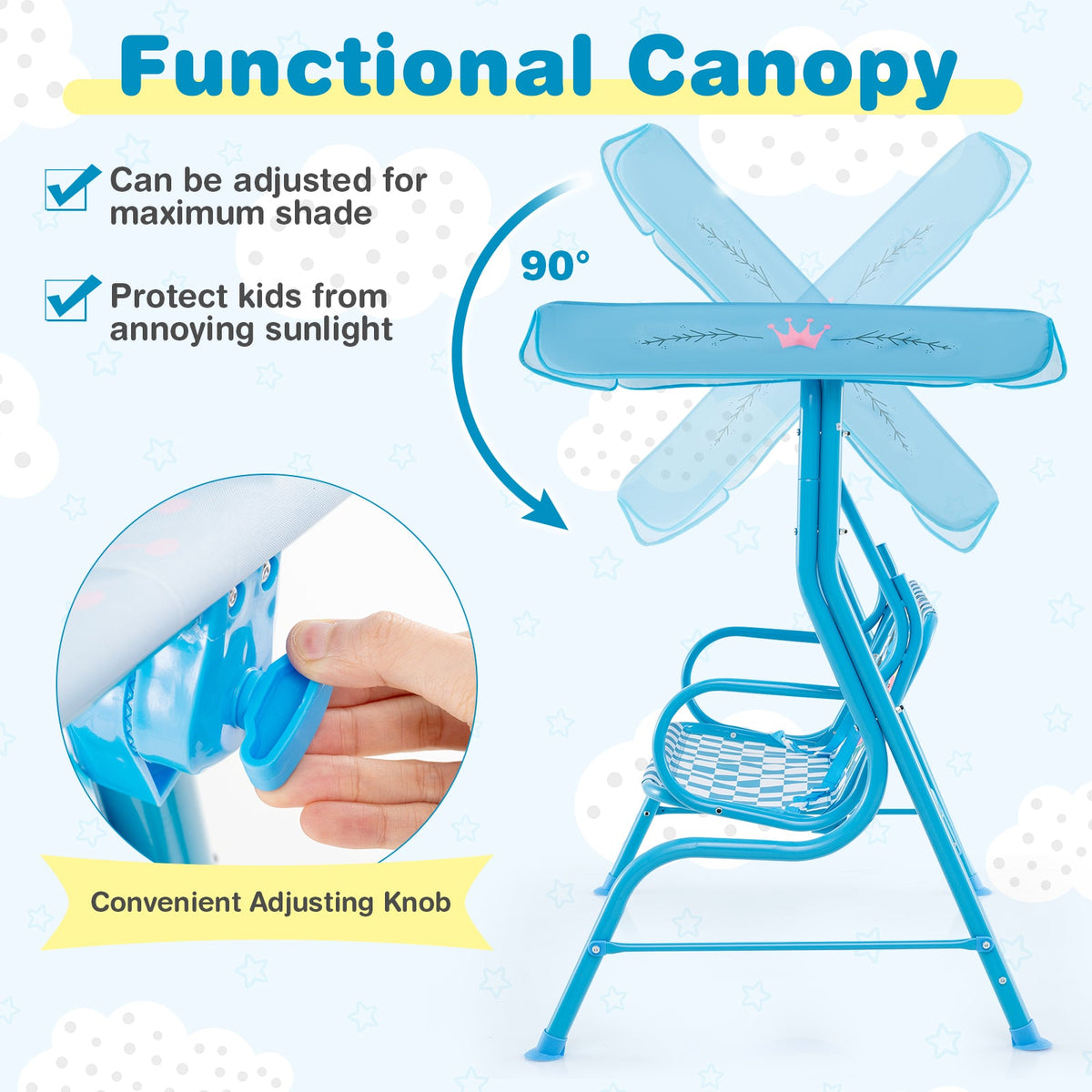 2-Seater Kids Patio Swing with Metal Stand and Adjustable Canopy-Navy